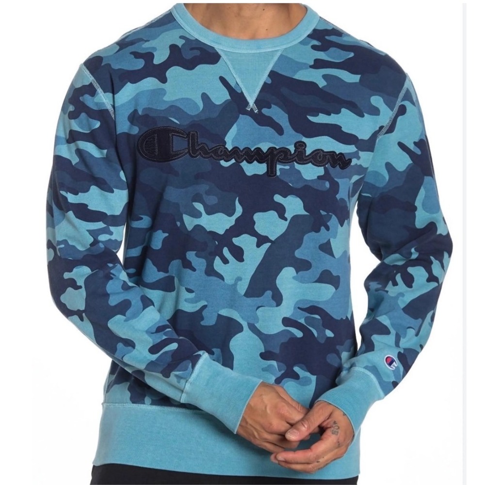 Champion Mens Blue Camo Reverse Weave Script Logo Sweatshirt S3319P Small